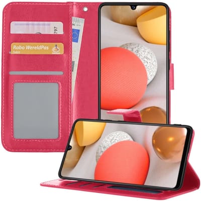 Hoesje - Met Pasjeshouder - Geschikt voor Samsung Galaxy A42 - Luxe Bookcase Portemonee - Flip Case - Kunstleer Book Case - Flipcase - Book Cover - Walletcase - Portemonneehoes - Telefoonhoesjes - Donkerroze