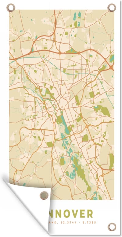 Schuttingposter Hannover - Plattegrond - Stadskaart - Vintage - Kaart - 100x200 cm - Tuindoek