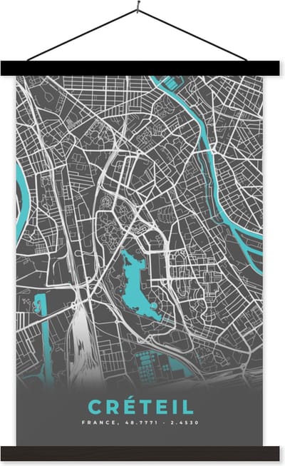 Posterhanger incl. Poster 40x60 cm - Schoolplaat - Créteil - Frankrijk - Plattegrond - Kaart - Stadskaart - Textielposter - Zwarte latten - Stadskaart