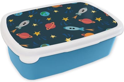 Broodtrommel Blauw - Lunchbox - Brooddoos - Patronen - Aarde - Ruimte - Raket - Jongens - Kinderen - Jongetje - Kids - 18x12x6 cm - Kinderen - Jongen