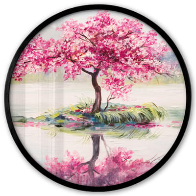Poster in lijst Rond - Fotolijst 40x40 cm - Posters - Schilderij - Bloesem - Bloesemboom - Water - Olieverf - Ronde posterlijst zwart - Decoratie - Wanddecoratie woonkamer - Muurdecoratie slaapkamer