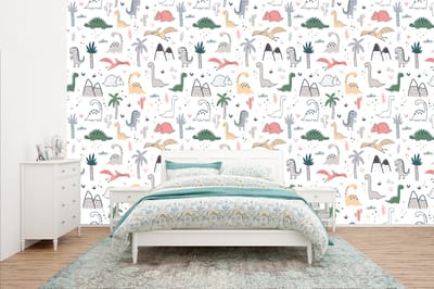 Behang - Fotobehang Patronen - Dino - Boom - Jongetje - Jongens - Kinderen - Kids - Breedte 400 cm x hoogte 240 cm