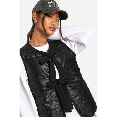 boohoo Dames Bow Detail Gewatteerde Gilet | Zwart | Maat: 36