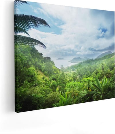 Artaza Canvas Schilderij Tropisch Landschap - 50x40 cm - Wanddecoratie Palmboom - Muurdecoratie Zee - Kamer Accessoires Bergen
