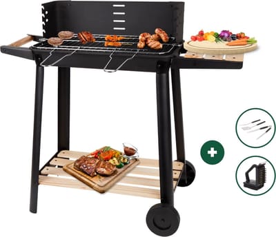Barbecue van Rlek Online - 3 GRATIS BBQ Accessoires - BBQ - Zwarte Barbecue op Wieltjes - HOUTSKOOL BBQ