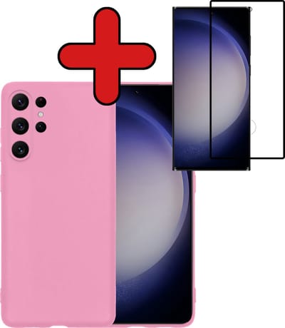 Hoesje - Met Screenprotector - Geschikt voor Samsung Galaxy S23 Ultra - Sterk & Shockproof - Telefoon Hoes - Back Cover - Siliconen Case - Telefoonhoes - Roze