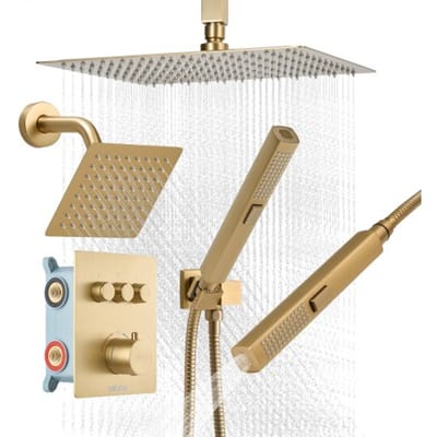VEVOR Douchesysteemset met 12 inch regendouchesysteem / 6 inch wandmontagekop / 2-in-1 handdouche, draaibare dubbele regenkop (3 functies), messing klep en afwerkingsset, geborsteld goud