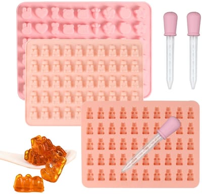 Dailygoods- Snoepvorm Siliconen - Set van 3 Gummibeertjes - Bonbonvorm - IJsblokjesvorm - Snoepvorm met Pipetten - Flexibel en Duurzaam - Bakvorm
