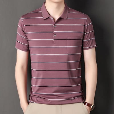 Strijkarm gestreept heren T-shirt met korte mouwen Echte zak Casual dun ademend poloshirt Middelbare leeftijd Korte mouwen Zomer T-shirt 3XL brown