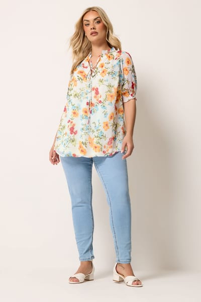 Yours Wit En Oranje Blouse Met Bloemenprint En Ruches Bij De Hals Size 42