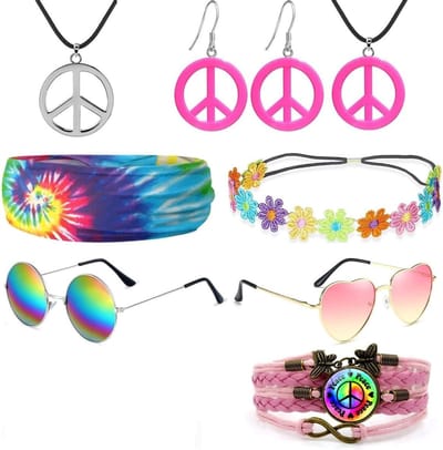 Hippie Halloweenkostuum voor heren met pruik, zonnebril en vredesketting - Retro jaren 60, 70 en 80 outfit, perfect voor themafeesten en carnaval
