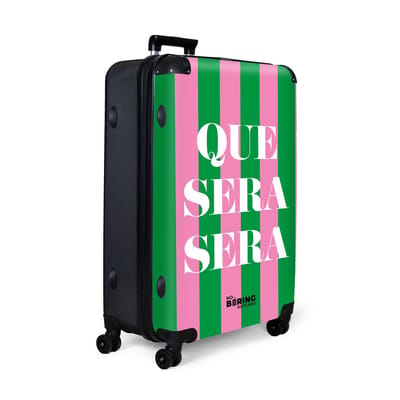NoBoringSuitcases.com® - Koffer groot - Reiskoffer lichtgewicht - Groene en roze strepen met de quote 'que sera sera' - Rolkoffer met 4 wielen - Grote trolley XL - 98 liter bagage