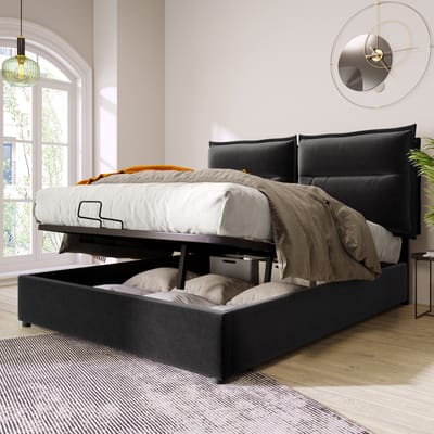 MODENUIT Gestoffeerd bed 140x200 cm – Verstelbaar hoofdbord – Opbergruimte met hydraulische lattenbodem – Met matras – Zwart