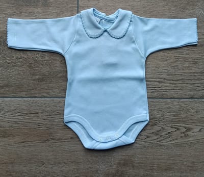 Babidu Romper/Body | Blauw | Lange mouw | Gehaakt Randje langs kraag + mouw | 1190| 9 maanden| maat 74