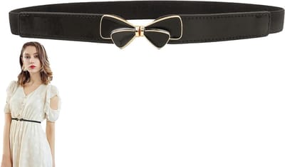 Dunne zwarte elastische riem voor dames, retro stijl met gouden strik, perfect voor jurken, rokken en broeken