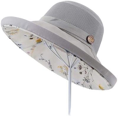 Zonnehoed voor dames - UV-bescherming - Brede rand - Met kinband - Lichtgrijs - Geweldig voor Halloween, strand