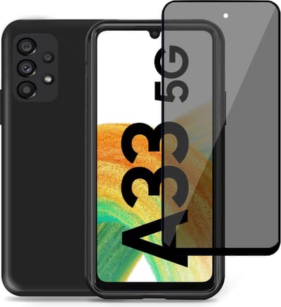 Hoesje geschikt voor Samsung A33 5G + Privacy Screenprotector – Privé Gehard Glas Cover - Suède Case Zwart