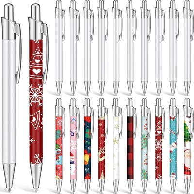 20 Stuks Sublimatie Balpennen, 5.5 Inch Lege Warmteoverdracht Pen met Aluminium Clip en 20 Stuks Krimpfolie voor Kantoor, School en Kerstbenodigdheden