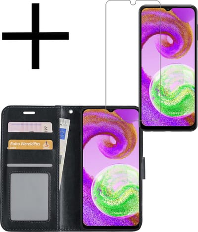 Hoesje - Met Screenprotector - Geschikt voor Samsung Galaxy A04s - Luxe Pasjeshouder - Bookcase Portemonee - Flip Case - Kunstleer Book Case - Flipcase - Book Cover - Walletcase - Portemonneehoes - Zwart