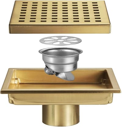 Afvoerputje Vierkant - Douche Afvoer - Water Afvoeren - Met Haarvanger - 150x150mm - Geborsteld Goud