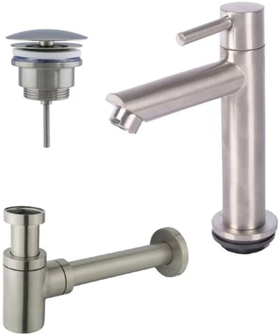 FugaFlow Eccelente Sobrado Badkamer fonteinkraanset met staande fonteinkraan laag, always open plug en design sifon PVD Geborsteld RVS