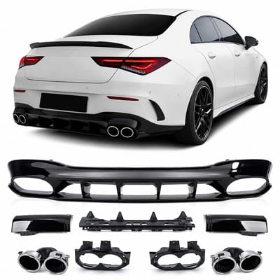Diffuser Geschikt voor Mercedes CLA C118 / X118 / W118 AMG Line (2019-2023) – Glanzend Zwart met Chrome Uitlaatsierstukken