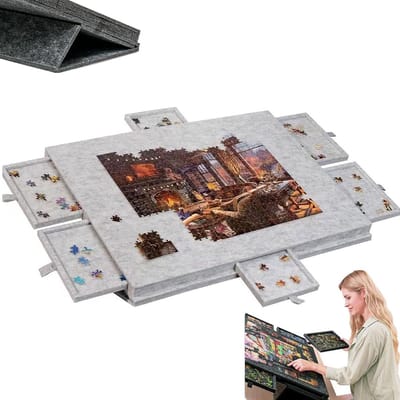 Puzzelbord met Laden - Puzzelmat Opbergbord - Puzzels Sorteren - Inclusief Standaard - 77 x 54 cm - Lichtgrijs