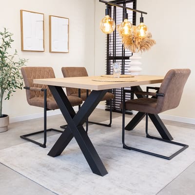 Dimehouse Eettafel Lenzo Rustiek Eiken - Zwarte X-poot 180 x 80 x 3,8 cm - Hout - Industrieel - Rechthoek