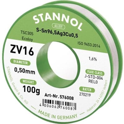 Stannol ZV16 Soldeertin, loodvrij Loodvrij Sn96,5Ag3Cu0,5 REL0 100 g 0.5 mm