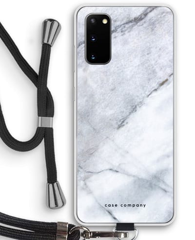 Case Company® - Hoesje met koord geschikt voor Samsung Galaxy S20 hoesje met Koord - Witte marmer - Telefoonhoesje met Zwart Koord - Bescherming aan alle Kanten en Over de Schermrand
