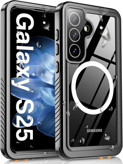 SBG Outdoor Case Waterdicht Hoesje geschikt voor Samsung Galaxy S25 | Compatibel met MagSafe / Qi2 | Onderwater tot twee meter | Antislip greep | IP68-gecertificeerd | Transparant/Zwart