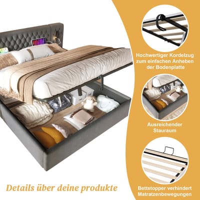 Tweepersoonsbed met opbergruimte 180x200 cm - inclusief 2 nachtkastjes - met leeslamp en USB-oplaadfunctie - grijs - zonder matras