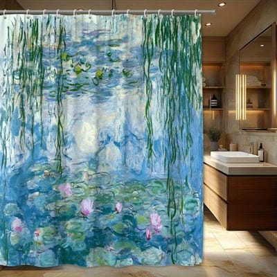 Monet-Stijl Waterlelie Douchegordijn Impressionistische Tuin Ontwerp Digitale Print Hoge Kwaliteit Badkamer Scheidingsgordijn W60H190(CM)-1 Pcs gray