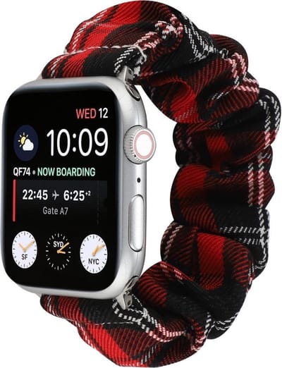 By Qubix - Geschikt voor Apple Watch bandje - Elastisch scrunchie nylon bandje - Rood / Zwart - Geschikt voor Apple Watch 44mm / 45mm / 46mm / 49mm (Ultra 1,2 en 3) - nylon - bandje iWatch