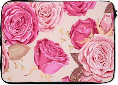 Laptophoes 13 inch - Rozen - Bloemen - Druppels - Laptop sleeve - Binnenmaat 32x22,5 cm - Zwarte achterkant