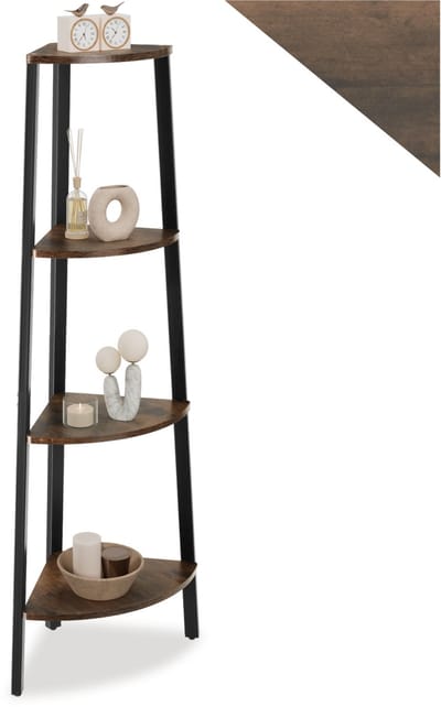 tectake® Hoekkast met 4 Niveaus van Hout | Industrieel Design Boekenkast | 34 x 34 x 125 cm | Ladderplank voor Woonkamer, Keuken, Kantoor, Hal | Zwart Metalen Frame (Industrieel Donkerbruin)