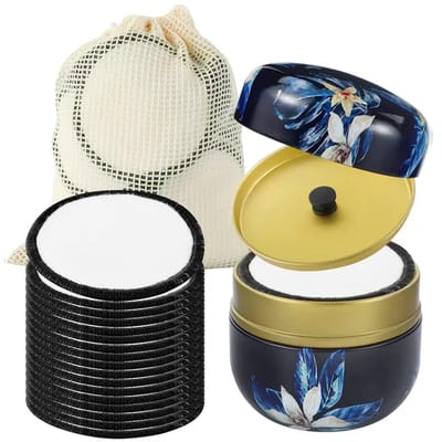 Herbruikbare Wattenschijfjes – 16 Stuks – Katoen – Inclusief Waszakje & Metalen Bewaarblik – 8 cm – Zwart Bloemenmotief - @ Lu’s Today® – Basic Beauty Essentials