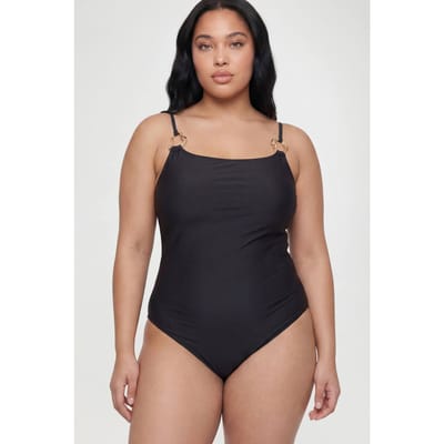 boohoo Dames Plus Badpak Met Vierkante Hals En Goudkleurige Details | Zwart | Maat: 44