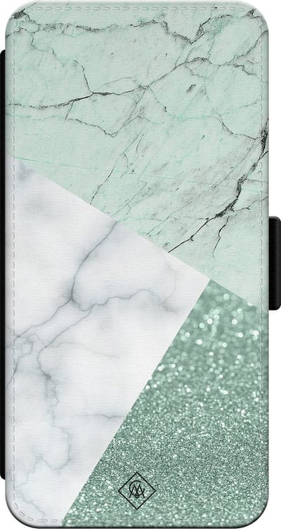Casimoda® bookcase - Geschikt voor iPhone 13 Pro - Hoesje met pasjeshouder - Minty Marmer Collage - Mint - PU-leer met kunststof telefoonhouder