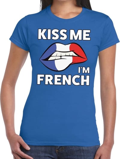 Kiss me I am French t-shirt blauw dames - feest shirts dames - Frankrijk kleding XS