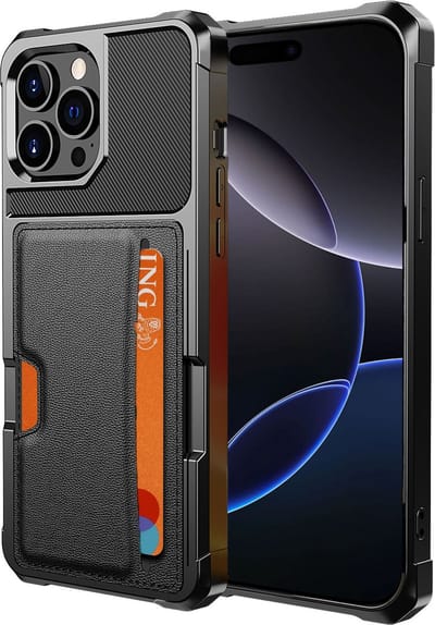 Geschikt voor Apple iPhone 16 Pro - Pasjes houder Hoesje – Pasjes houder Hoesje - Heavy Duty Case - Magnetisch Portemonnee Hoesje Cover - Zwart