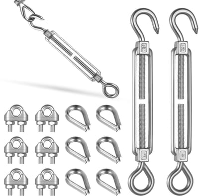 Set van 15 kabelspanners, roestvrijstalen spanners met 6 draadclips voor tuin, zonnescherm en hekwerk