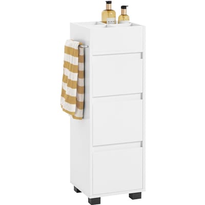 SoBuy Badkamerkast met 3 Lades & 4 Open Vakken – Opbergkast met Handdoekhouder – Compact Badkamermeubel – Wit, 30x90x30cm – BZR29-W