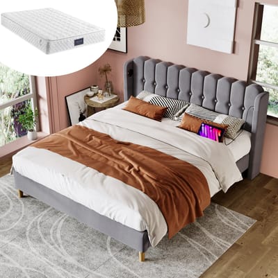 MEUNIQ gestoffeerd tweepersoons bed 160x200 cm met lattenbodem, USB en Type-C laadfunctie, paneel hoofdbord, grijs bedframe voor slaapkamer of logeerkamer
