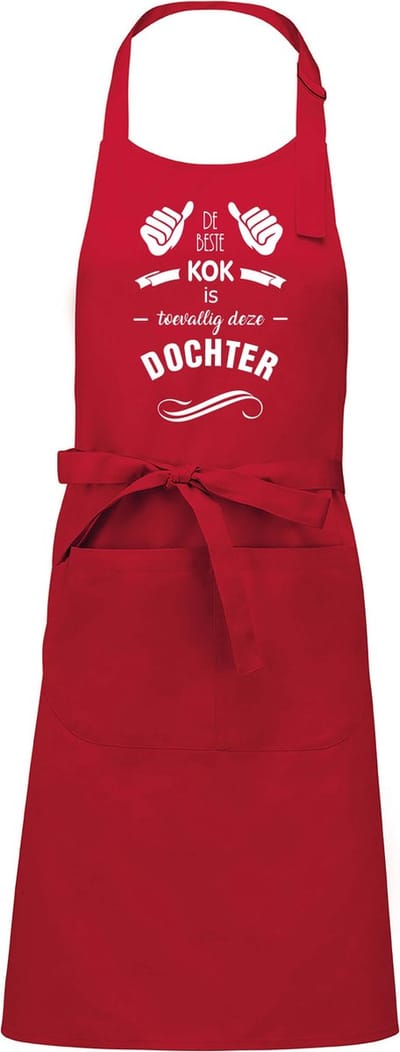 Cadeauschort - Tekstschort - Keukenschort met je naam - kookschort - verjaardag - moederdag - De beste kok is toevallig deze Dochter - rood