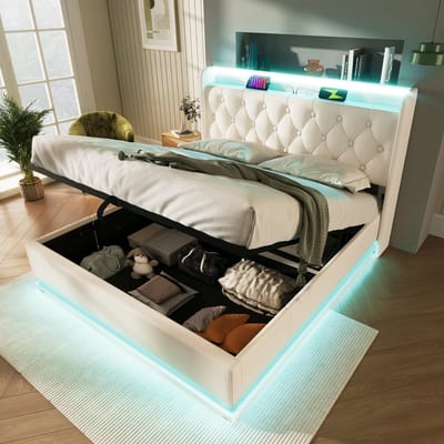 VVBV Gestoffeerd Bed met Opbergruimte 180x200 cm met Voor Hal/Entree, Hoofdbord - USB-C - PU-leer Wit - Zonder Matras