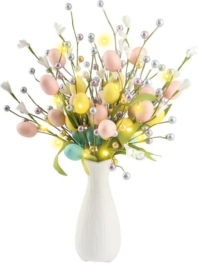 Set van 3 Paaseieren met 40 cm Kunsttakken, Lente Bloemen en Bessen voor Feestelijke Tafeldecoratie en Paasdecoraties
