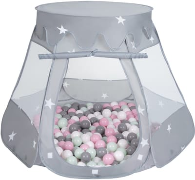 Selonis Pop Up Kasteeltent Grijs Voor Kinderen - 100 Ballen Speeltent - Licht En Compact - Binnen En Buiten Spelen - Sensorische Ontwikkeling - Wit Grijs Mint Poederroze