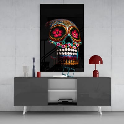 Glasschilderij - Snoep Schedel - Wanddecoratie - 110x70 cm