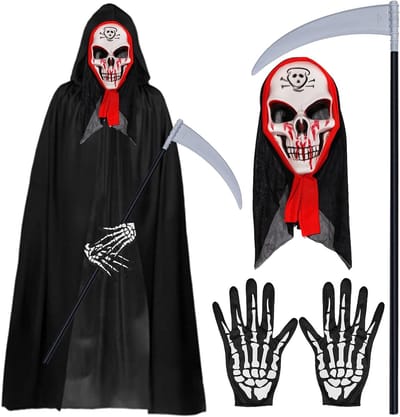 Vampier Kostuum met 140 cm Cape en Kap, Halloween Gezichtsmasker, Schedel Handschoenen en Doodenscythe voor een Griezelige Feestdecoratie